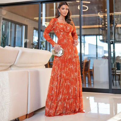 Vestido Feminino Jaqueline Terracota em Tule Estampado - FL68
