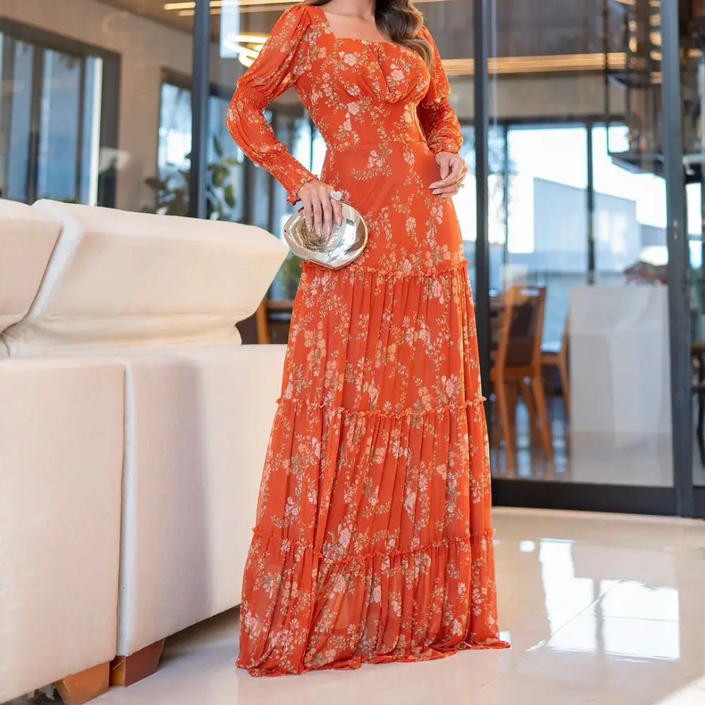 Vestido Feminino Jaqueline Terracota em Tule Estampado - FL68