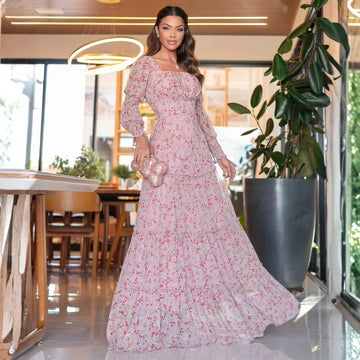 Vestido Feminino Jaqueline Rosa Claro em Tule Estampado - FL67