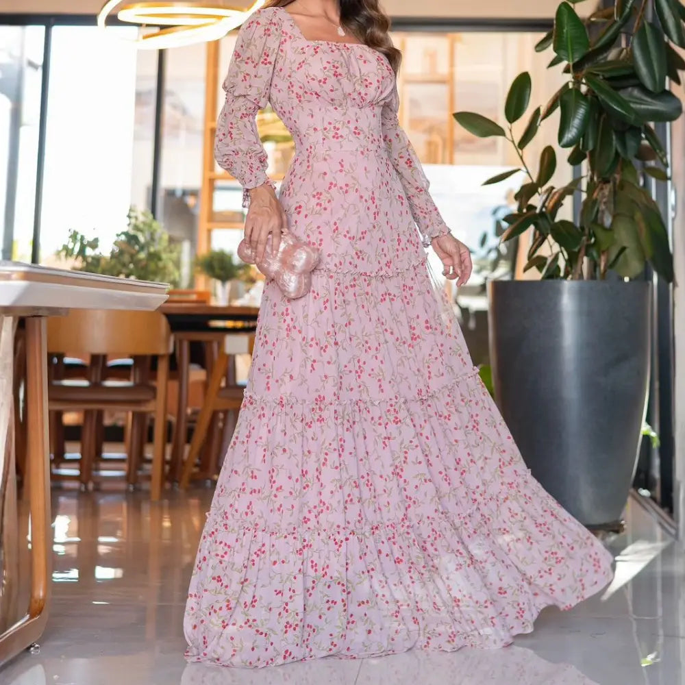 Vestido Feminino Jaqueline Rosa Claro em Tule Estampado - FL67