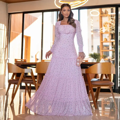 Vestido Feminino Jaqueline Lilás em Tule Estampado - FL38