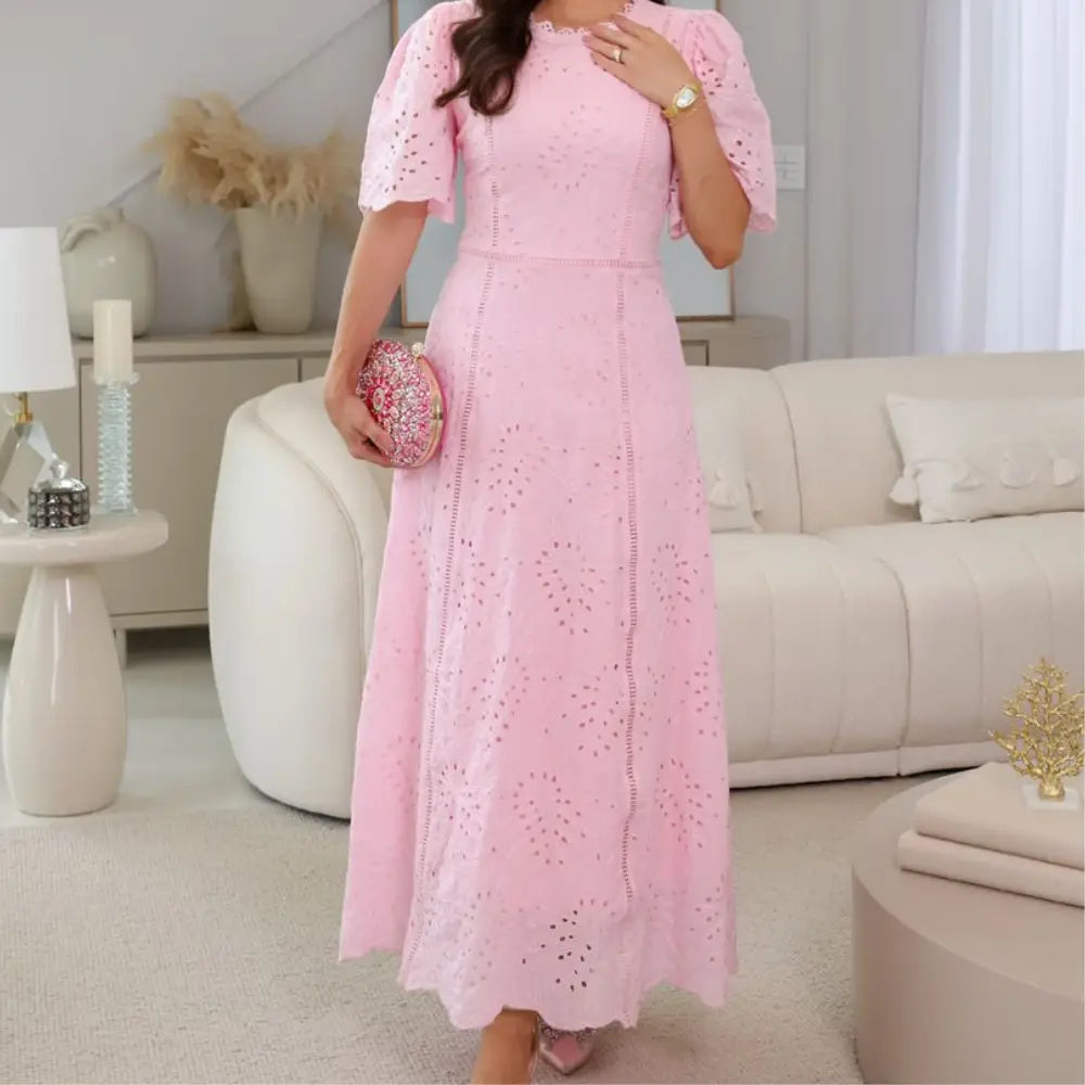 Vestido Josiane em Laise Rosa Florado com Gola Alta e Renda Guipir - FL63