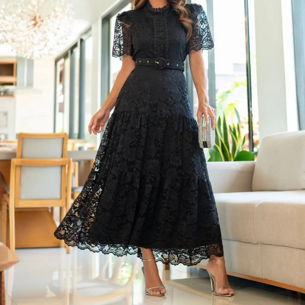Vestido Feminino Noemia em Preto Tule com Cinto e Babado Lateral - FL73