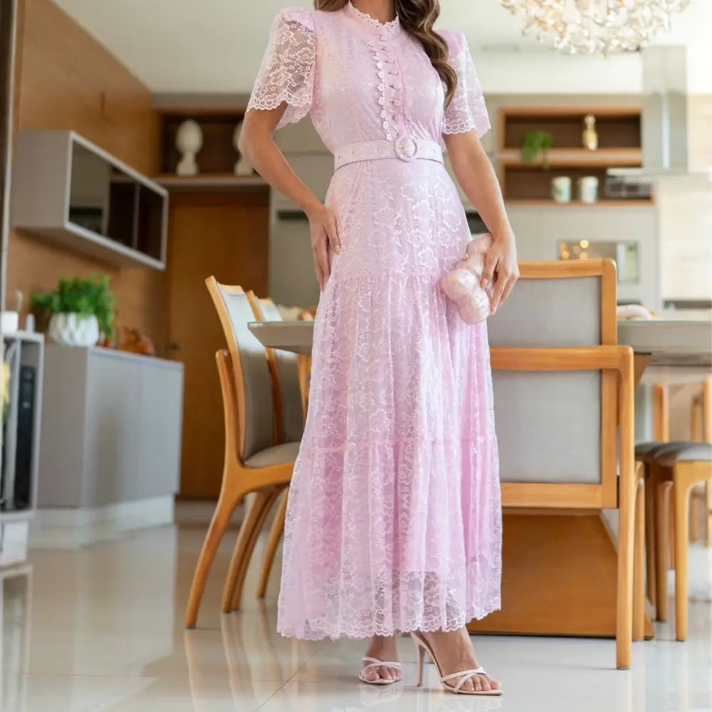 Vestido Feminino Noemia em Rosa Tule com Cinto e Babado Lateral - FL74