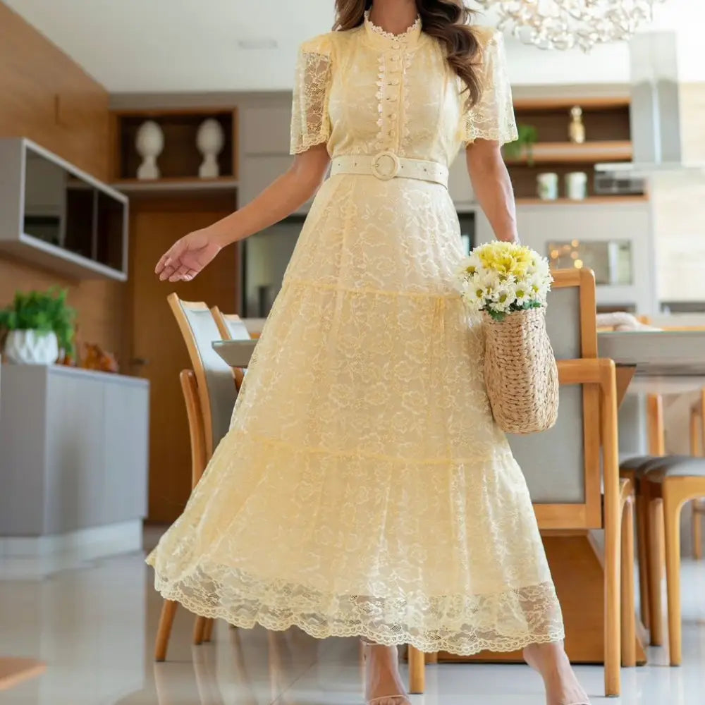 Vestido Feminino Lairde em Amarelo Tule com Cinto e Babado Lateral - FL41