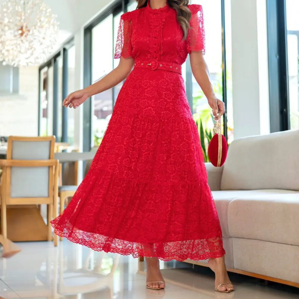 Vestido Feminino Noemia em Vermelho Tule com Cinto e Babado Lateral - FL76