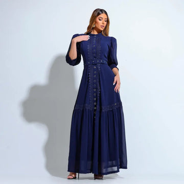Vestido Melissa Azul Marinho em Musseline com Botões Frontais e Detalhes em Guipir - FL97