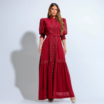 Vestido Melissa Vermelho em Musseline com Botões Frontais e Detalhes em Guipir - FL95