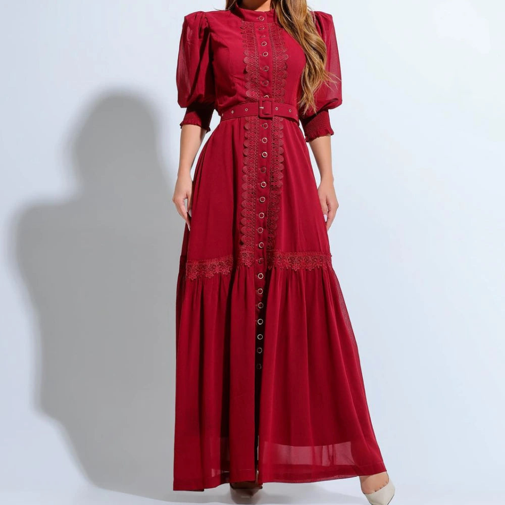 Vestido Melissa Vermelho em Musseline com Botões Frontais e Detalhes em Guipir - FL95