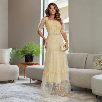 Vestido Feminino Patrícia Amarelo em Tule Bordado com Renda Gripir - FL85