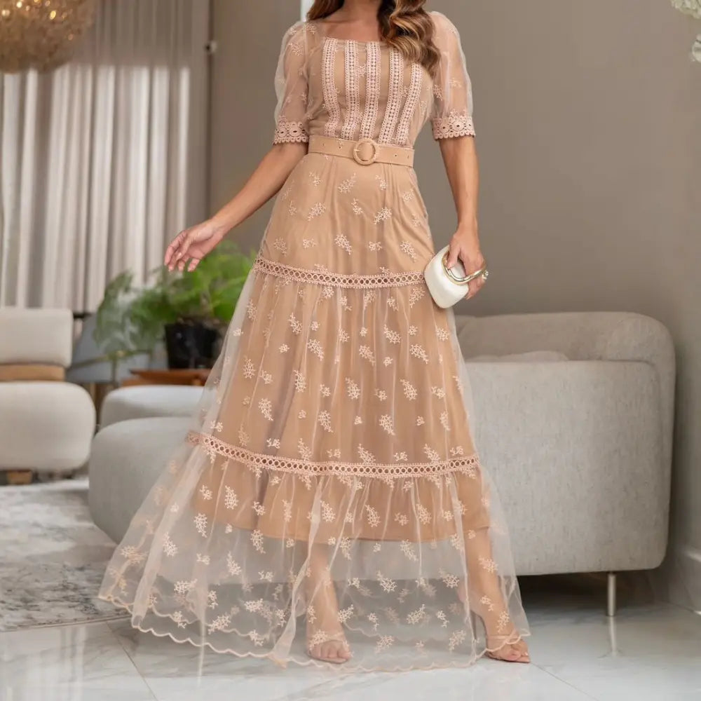 Vestido Feminino Patrícia Bege em Tule Bordado com Renda Gripir - FL86