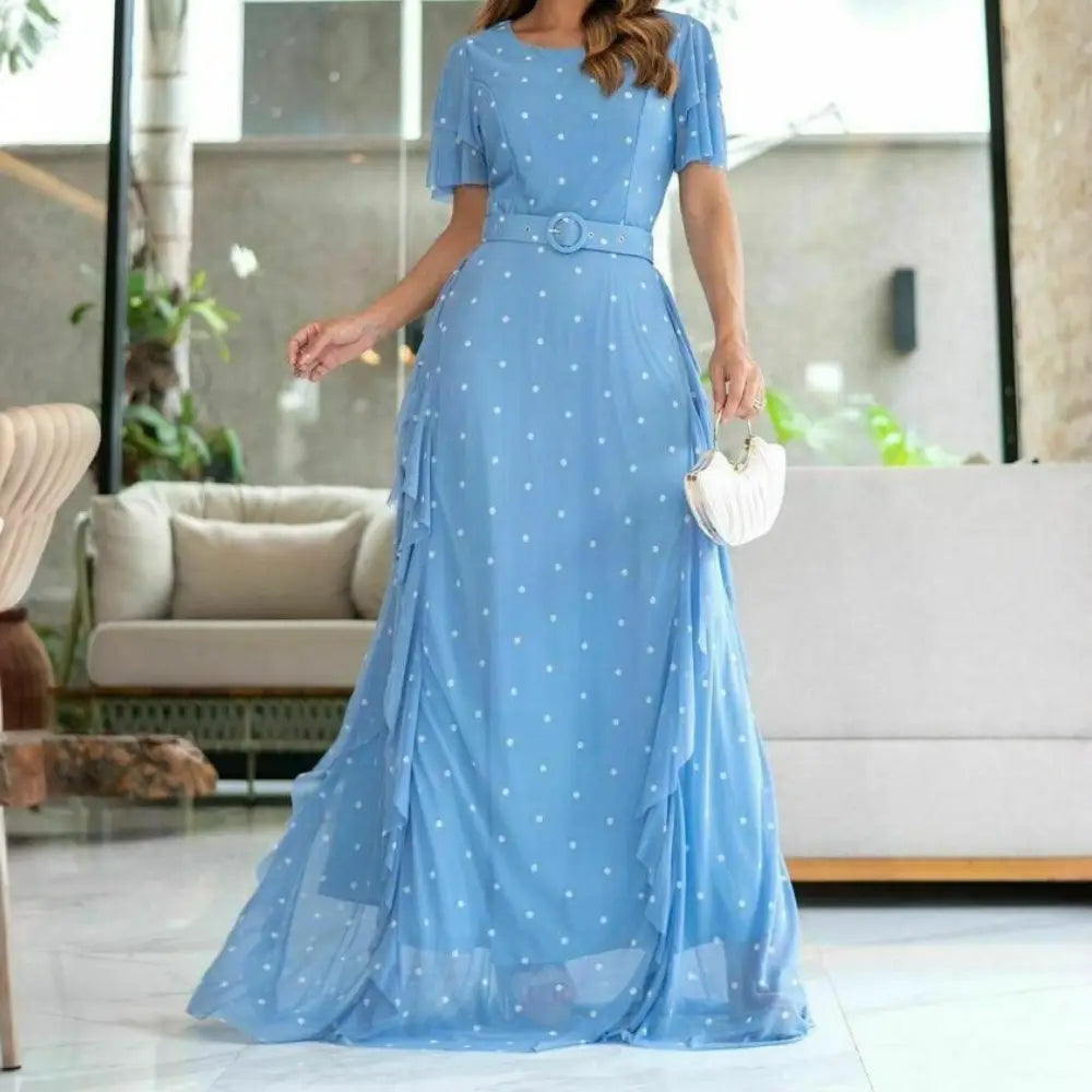 Vestido Longo Lairde em Tule Bordado com Cinto Azul - FL79