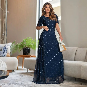 Vestido Longo Lairde em Tule Bordado com Cinto Azul Marinho - FL42