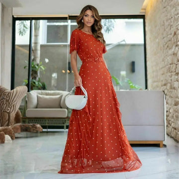 Vestido Longo Lairde em Tule Bordado com Cinto Laranja - FL77
