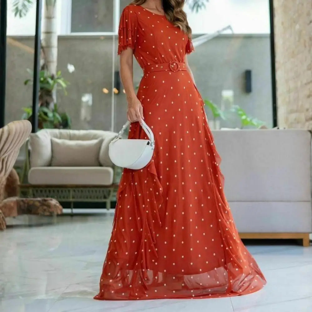 Vestido Longo Lairde em Tule Bordado com Cinto Laranja - FL77
