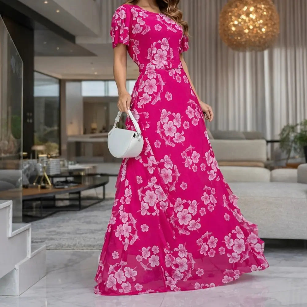 Vestido Longo Lairde em Tule Bordado com Cinto Rosa Florado- FL80