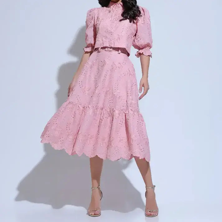 Conjunto Feminino Rosa Laise Bordado Floreari