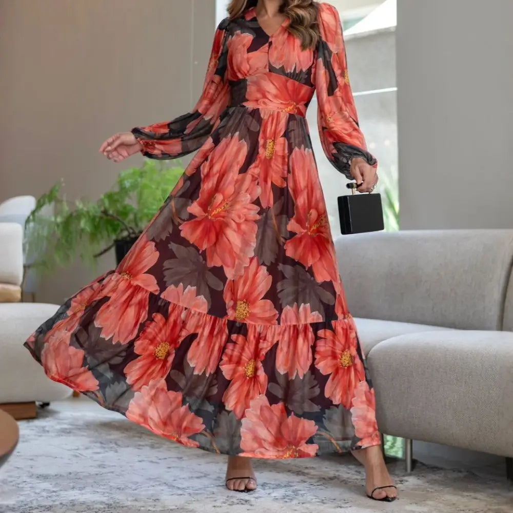Vestido Feminino Katia Coral em Tule com Mangas Longas - FL90