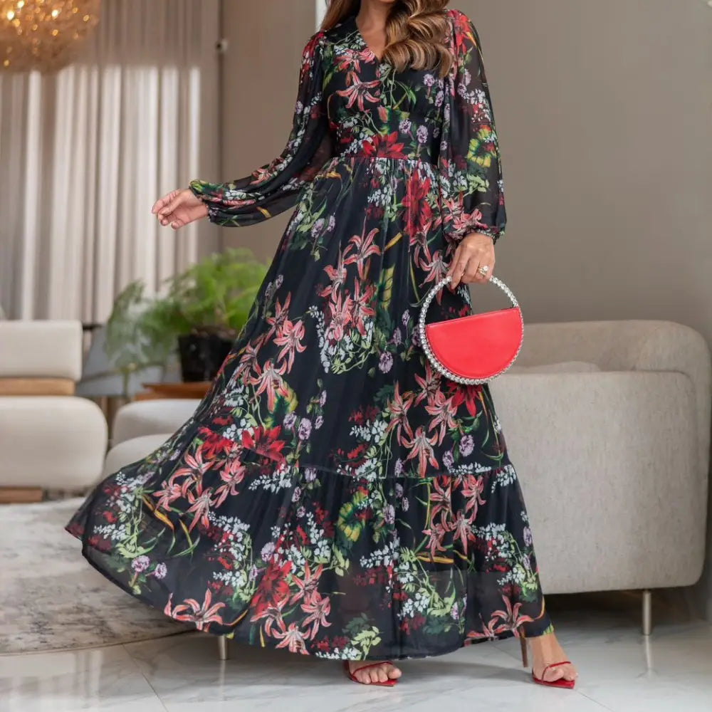 Vestido Feminino Katia Preto em Tule com Mangas Longas - FL88